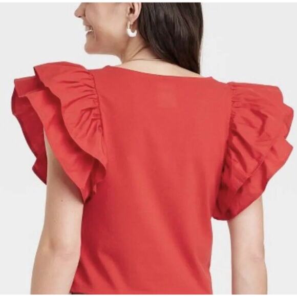 A New Day Crop Top Double Flutter Short Sleeve Slim Fit Red Cotton XS New - Picture 3 of 5
